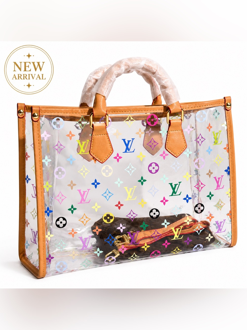 🌈 Clear Multicolor Monogram Tote Bag with Tan Trim 🍭